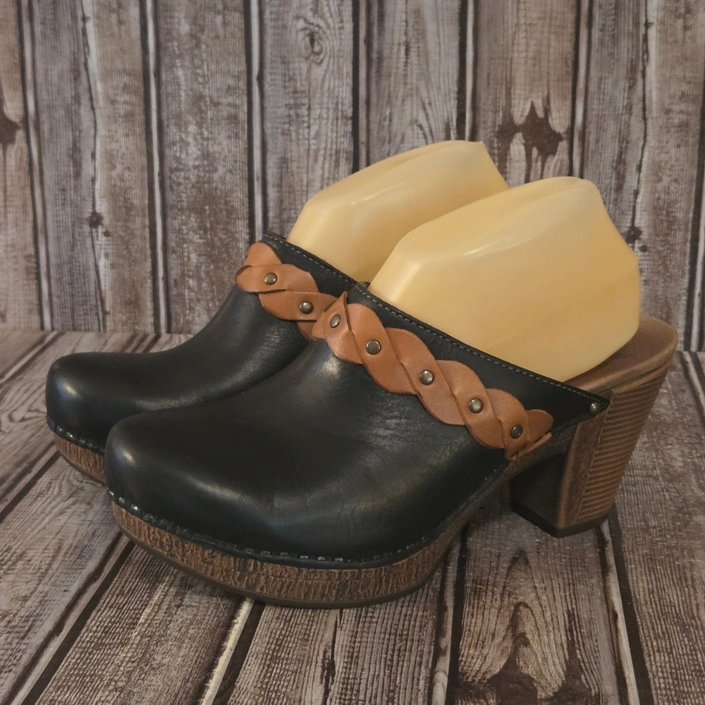Sz 40/ 9.5-10 Dansko Ranch Black Tan Braided Leather Comfort Clog Mules VGUC